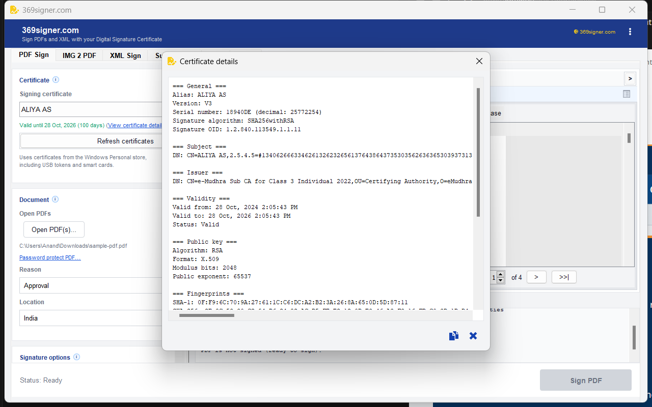 369signer.com certificate details dialog showing subject, issuer, serial number, and validity