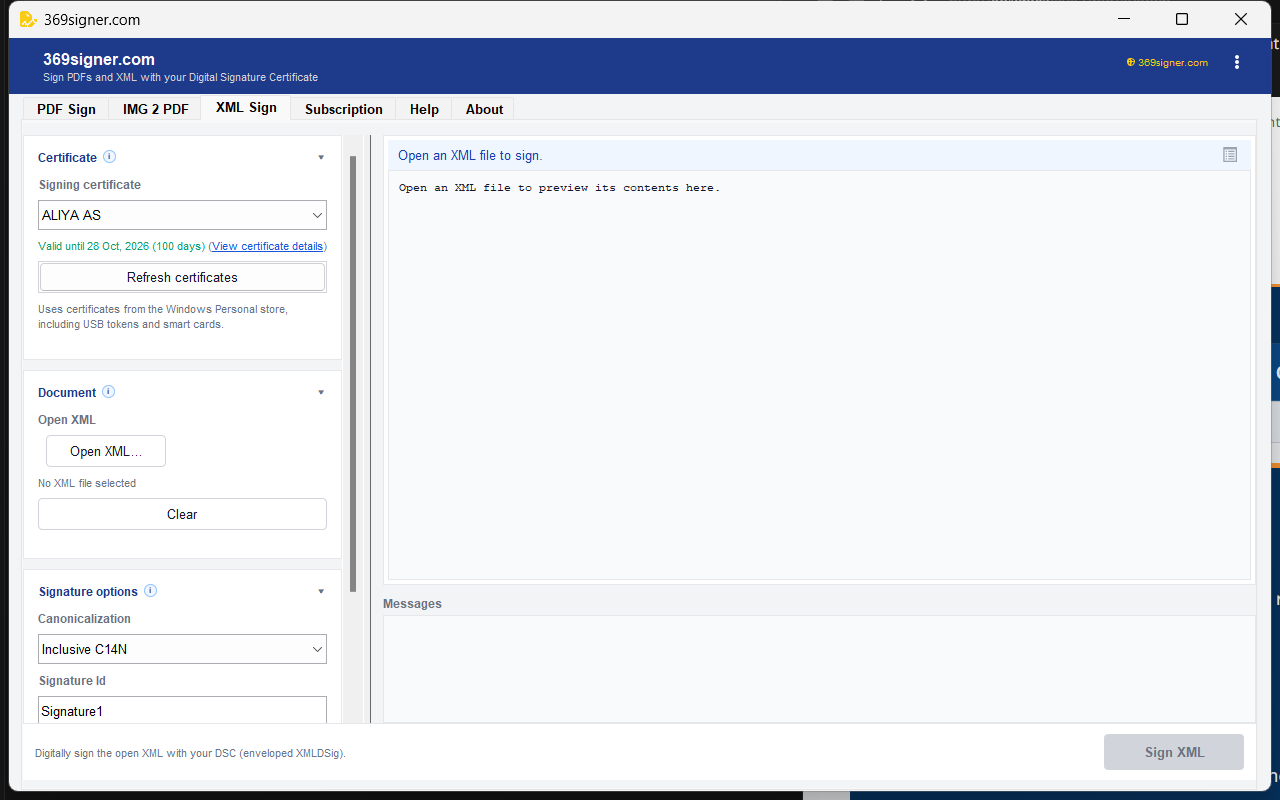 369signer.com XML Sign tab with enveloped XMLDSig signing and validation