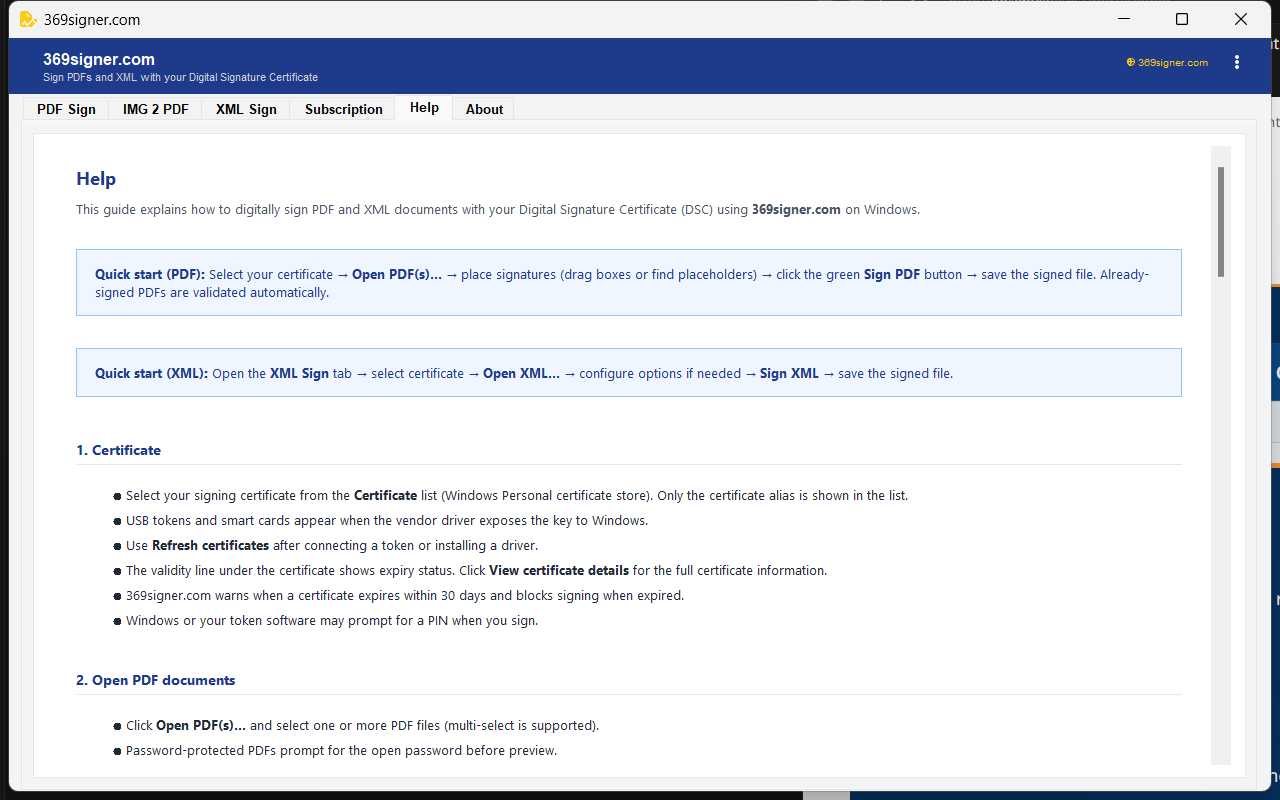 369signer.com Help tab with step-by-step signing guidance