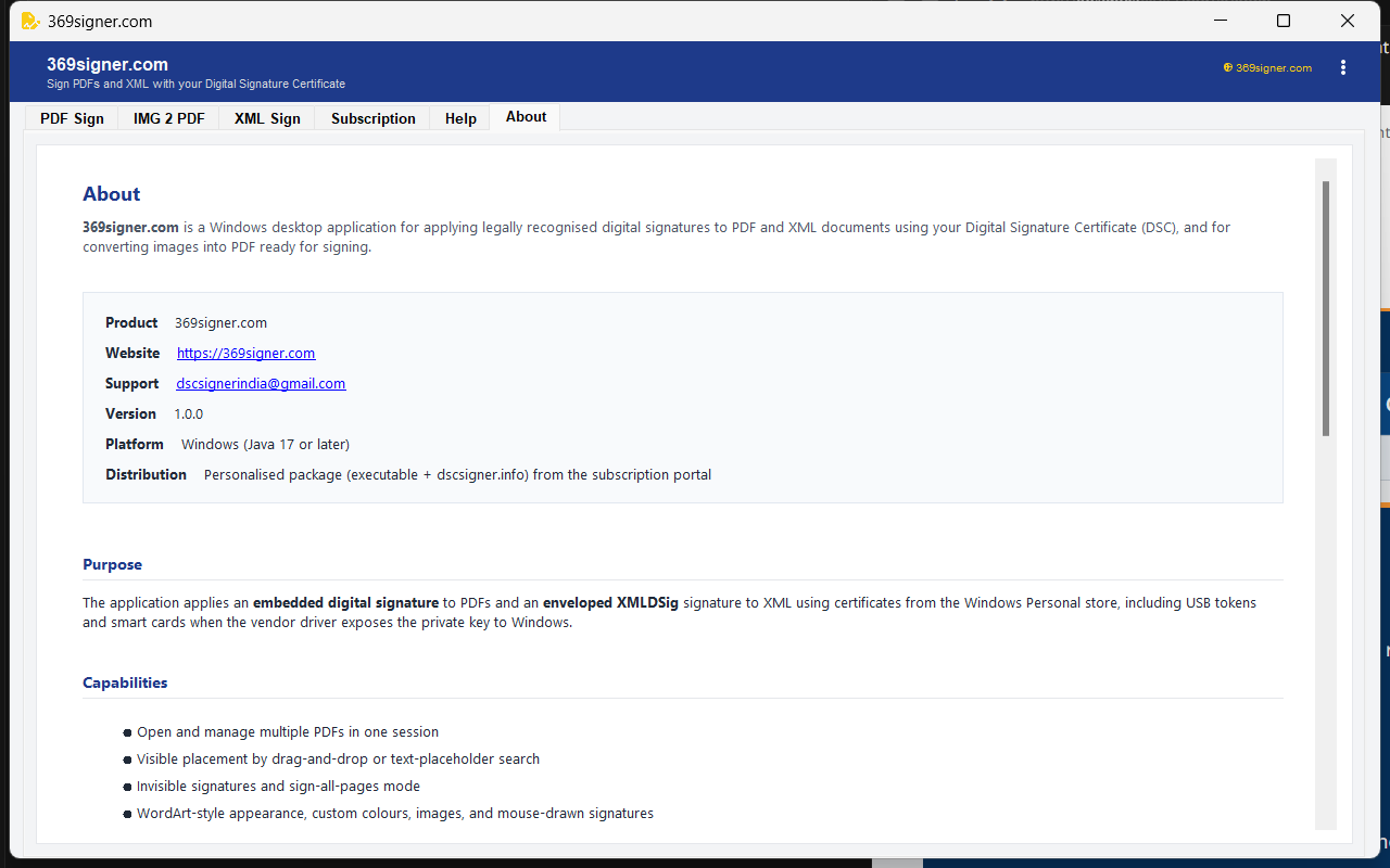 369signer.com About tab with utility version and capabilities